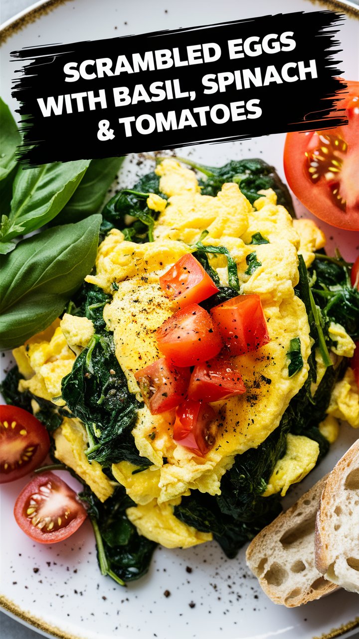 Scrambled Eggs with Basil, Spinach & Tomatoes